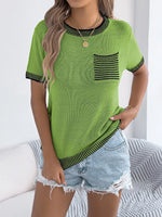 Striped Trim Knit Round Neck Sweater