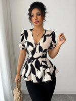 Puff Sleeve Printed Peplum Blouse
