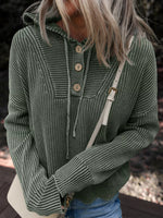 Mineral Wash Ribbed Knit Button Drawstring Neck Hooded Sweater