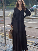 V-Neck Long Sleeve Tiered Maxi Dress