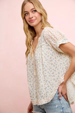 BiBi Floral Crinkle Neckdrop Short Sleeve Blouse Top