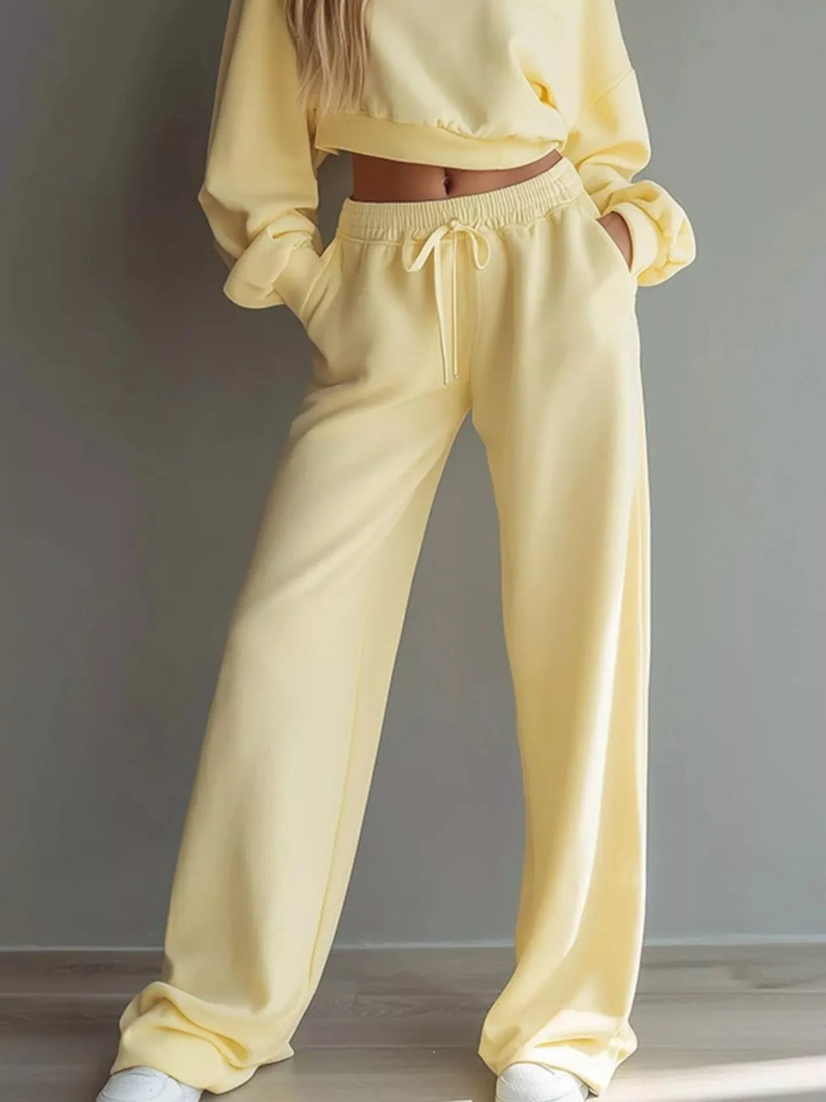 Round Neck Cropped Sweatshirt and Wide-Leg Pants Set
