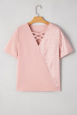 Leopard Jacquard Patchwork Crisscross V Neck Short Sleeve Blouse