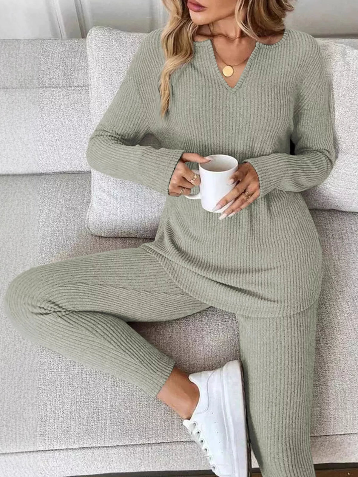 Ribbed Knit Long Sleeve Top and Pants Set