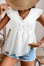 Ruffled Trim V Neck Flutter Flowy Top