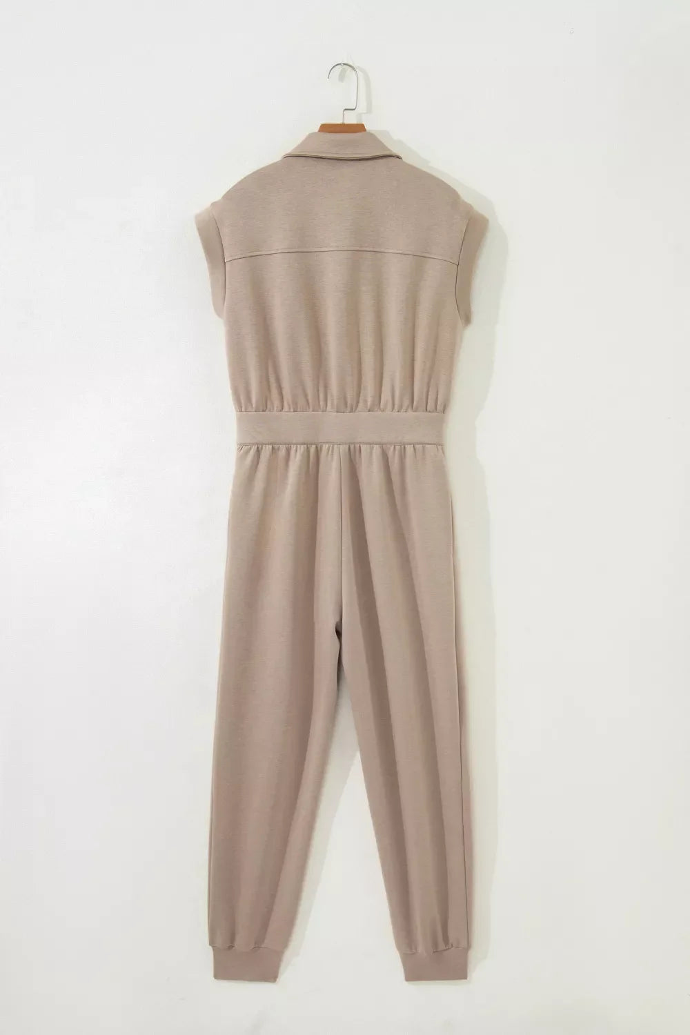Solid Color Zip Front Short Sleeve Collared Jumpsuit