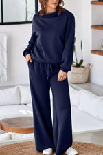 Solid Color Cowl Neck Drawstring Pullover Wide Leg Athleisure Pants Set