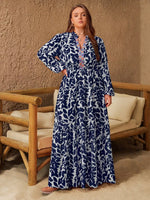 Plus Size Floral Print Notched Long Sleeve Maxi Dress