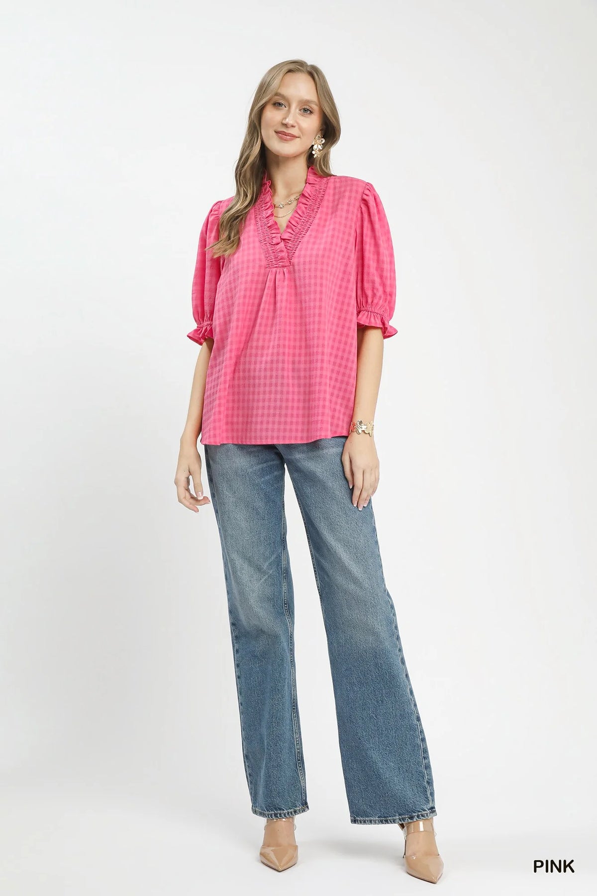 Umgee Textured Check Ruffle V-Neck Blouse