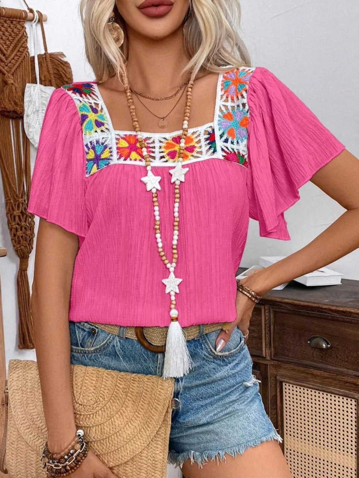 Embroidered Square Neck Flutter Sleeve Blouse