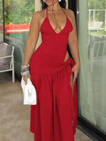 Halter Neck Ruched Bodysuit and Maxi Skirt Set