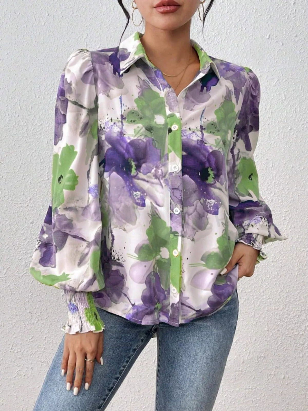 Printed Button Up Lantern Sleeve Shirt