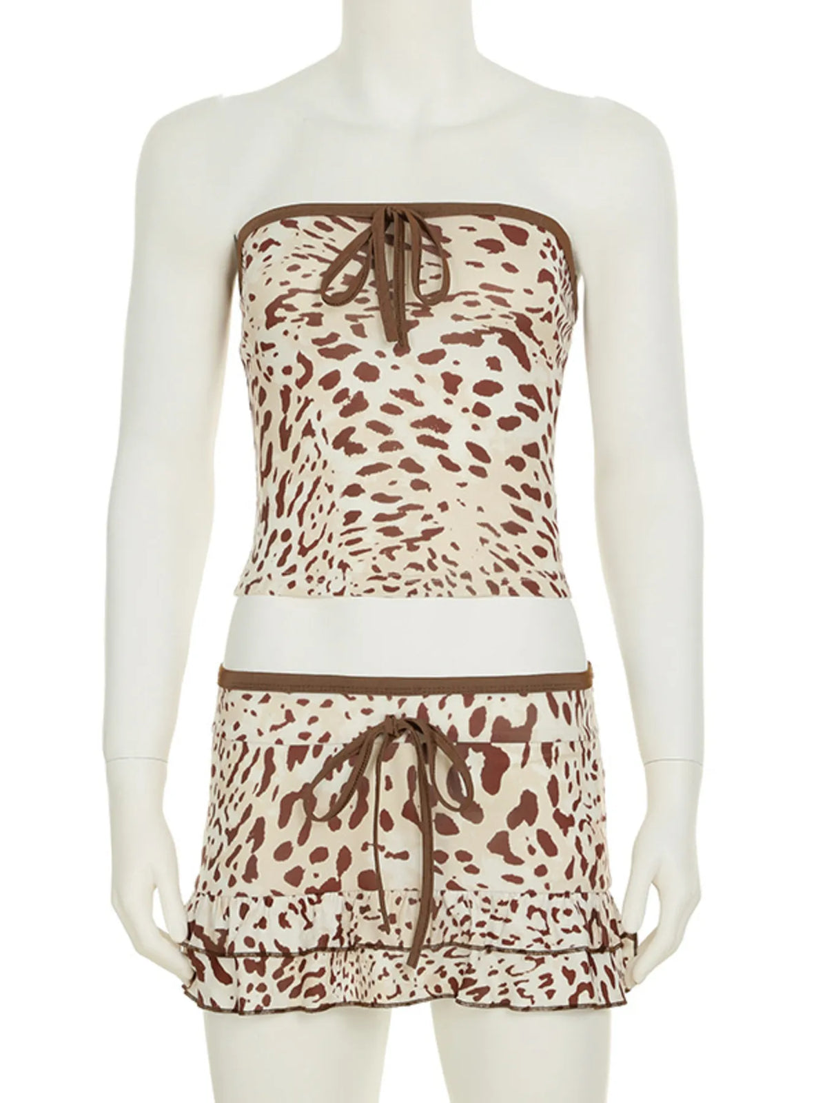 Leopard Print Strapless Top and Skirt Two-Piece Set