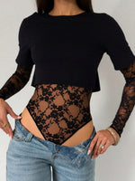 Lace Patchwork Round Neck Bodysuit