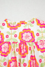 Floral Ruffled Sleeve Ric-Rac Trim Split Neck Loose Blouse