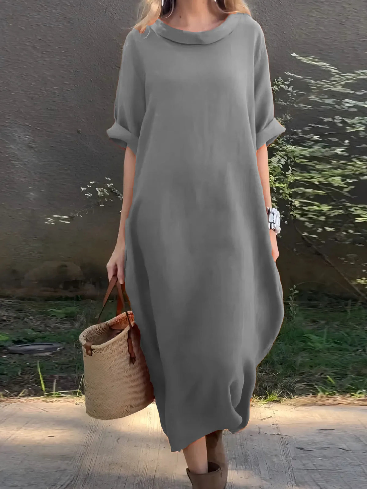 Full Size Casual Loose Fit Round Neck Midi Dress Plus Size