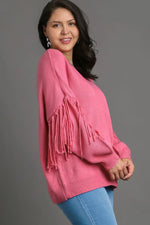 Umgee Full Size Fringe Round Neck Long Sleeve Sweater Plus Size