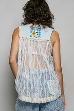 POL Floral V-Neck Sheer Tank with Lace Trim