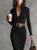 Elegant Ribbed Knit Turtleneck Midi Sweater Dress