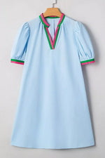 Puff Sleeve Mini Dress with Contrast Trim