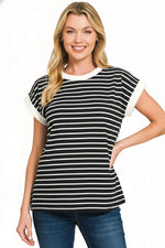 Zenana Full Size Contrast Trim Cap Sleeve Stripe Tee Plus Size