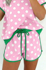 Polka Dot Contrast Trim Top and Drawstring Shorts Set