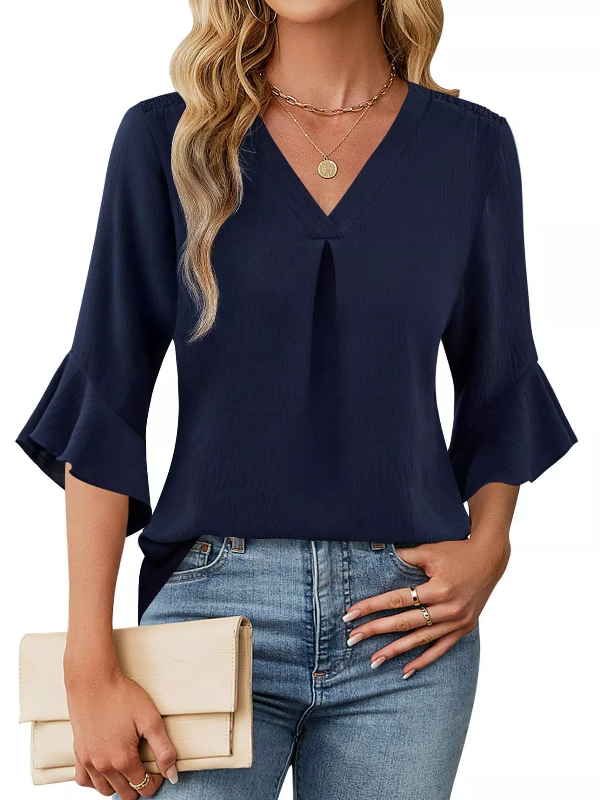 V-Neck Ruffle Sleeve Blouse