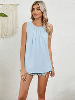 Round Neck Sleeveless Top with Pleated Front Detail