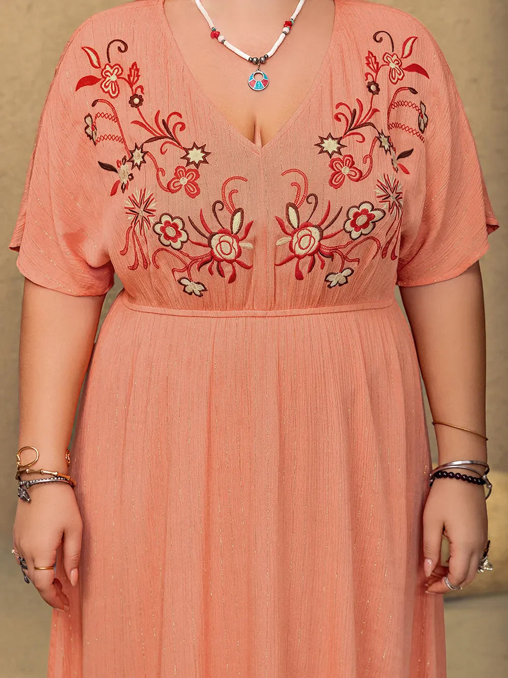 Plus Size Frill Embroidered V-Neck Half Sleeve Maxi Dress