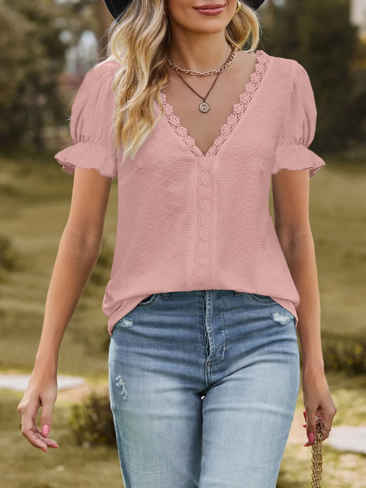Lace Trim V-Neck Puff Sleeve Blouse