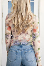 Floral Mesh Long Sleeve Thumbhole Hem Top