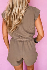 Textured Short Sleeve Half Zip Drawstring Waist Romper