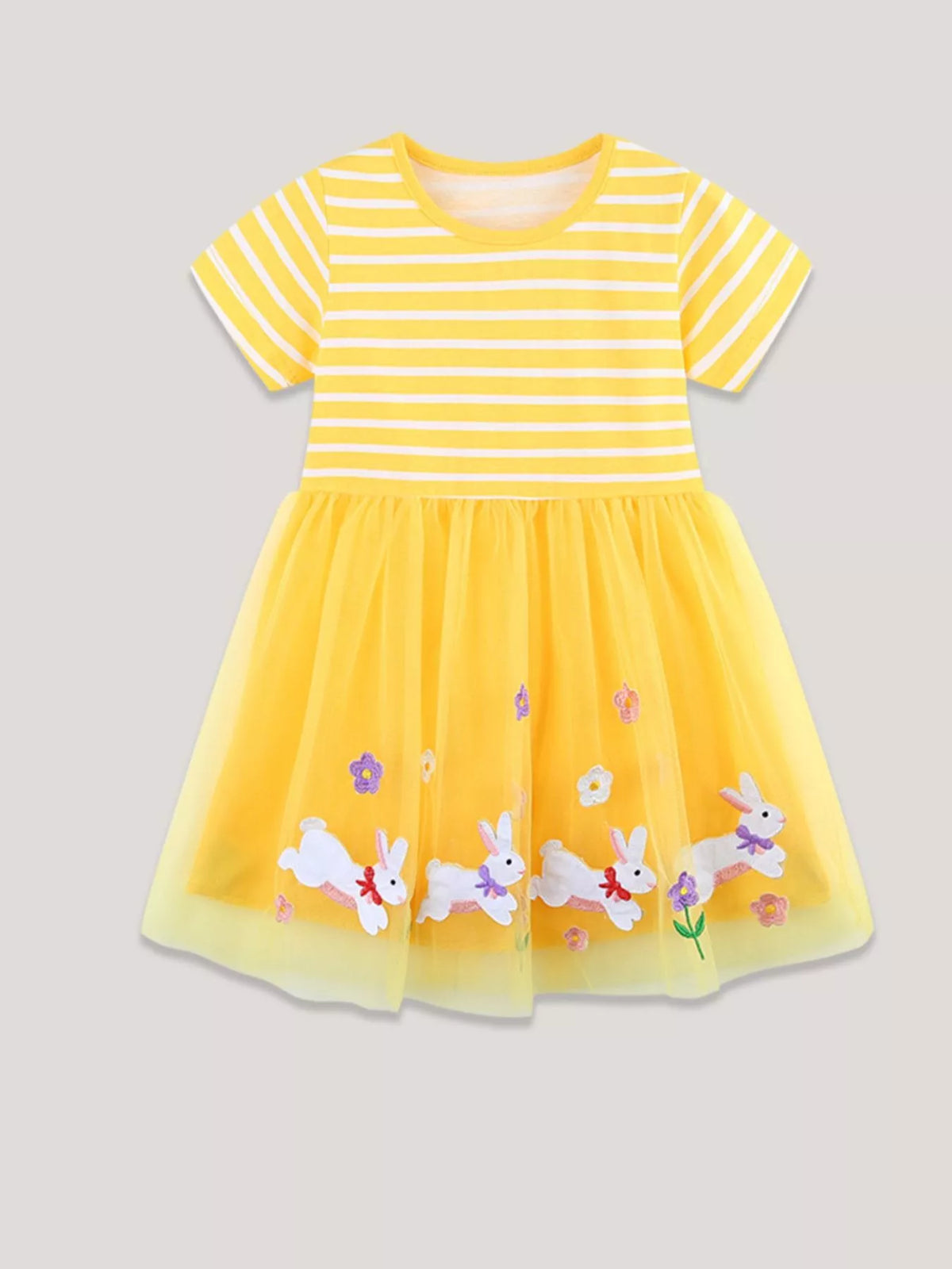 Children's Bunny & Floral Striped Tulle Dress