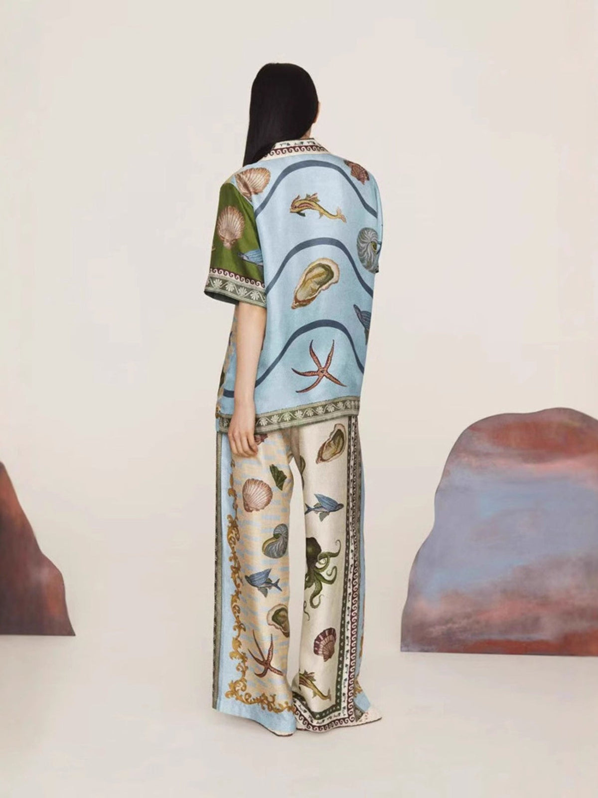Ocean Print Button-Down Shirt and Wide Leg Pants Set
