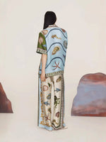 Ocean Print Button-Down Shirt and Wide Leg Pants Set