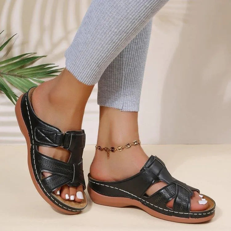 Cutout Leather Wedge Sandals