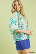 Umgee Watercolor Floral Blouse with Flounce Sleeve