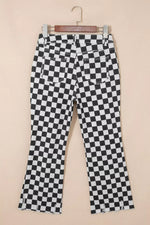 Checkerboard Print Distressed Holes Raw Edge Cropped Jeans