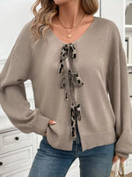 Leopard Heart Back Tie-Front Knit Cardigan