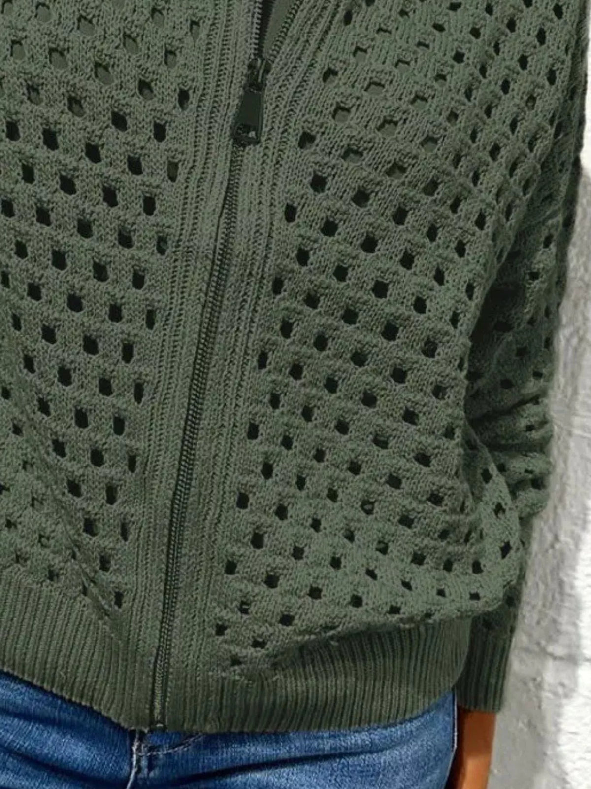 Full Size Zip Up Long Sleeve Cardigan with Eyelet Detail Plus Size