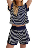 Full Size Contrast Striped T-Shirt and Shorts Set Plus Size