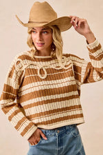 BiBi Striped Open Knit Sweater Top with Front Braided Detail