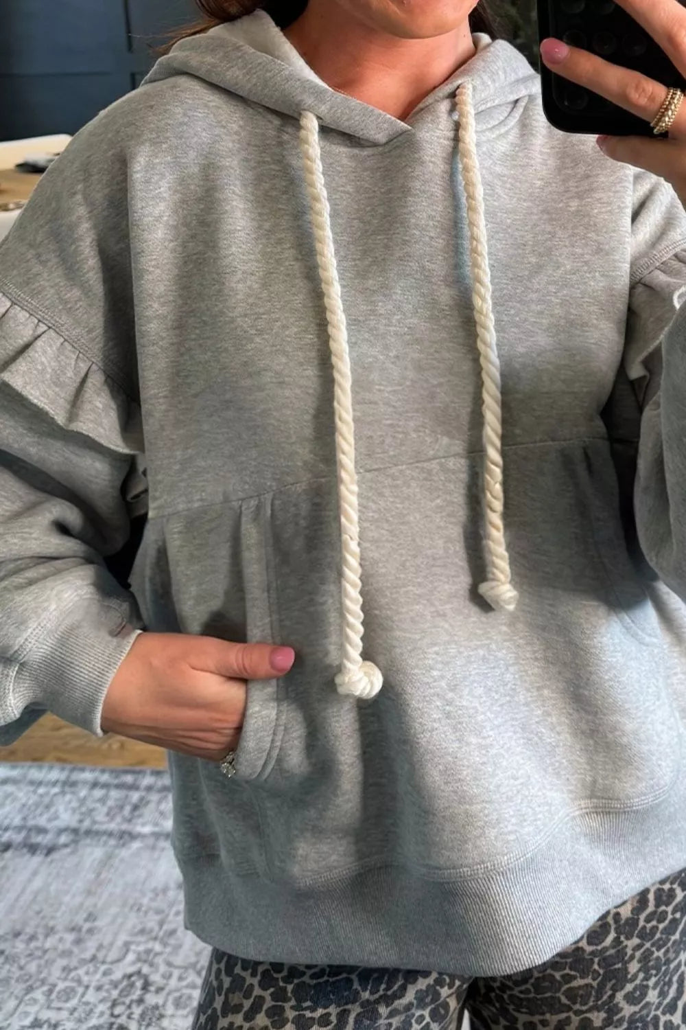 Ruffled Drawstring Long Sleeve Hoodie