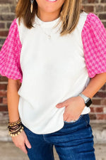 Round Neck Contrast Tweed Puff Sleeve Top