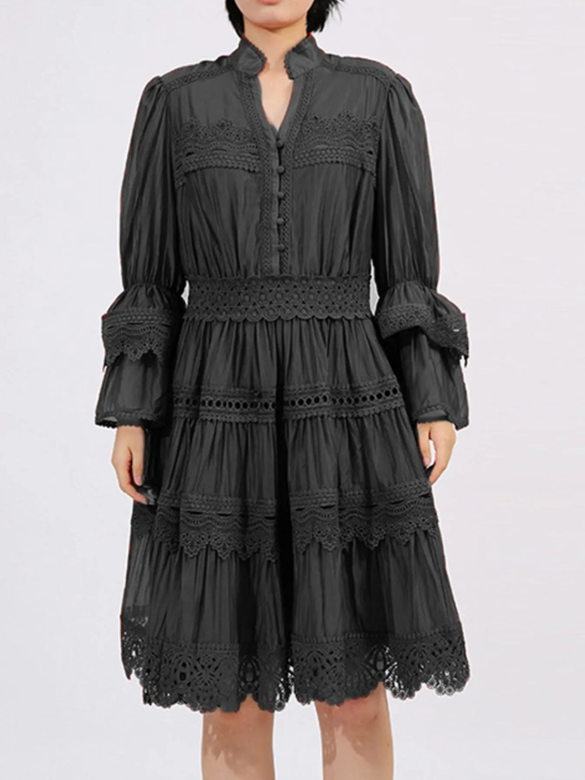 Ruffle Lace Trim Long Sleeve Dress