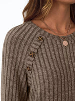 Ribbed Knit Decor Button Long Sleeve T-Shirt