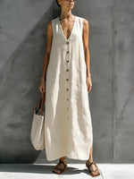 Full Size Sleeveless V-Neck Button-Down Linen Maxi Dress Plus Size