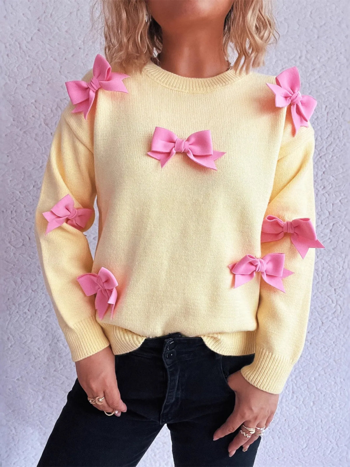Bow Round Neck Long Sleeve Sweater