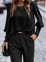 Back Button Lantern Sleeve Blouse