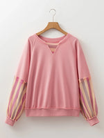 Striped Mesh Sleeve Patchwork Exposed Seam Top